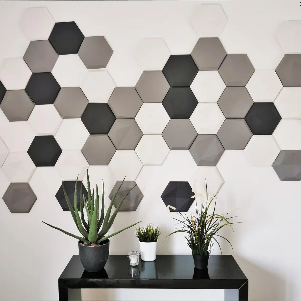Flur mit Hexagon-Wandpaneelen in Schwarz, Grau und Weiß