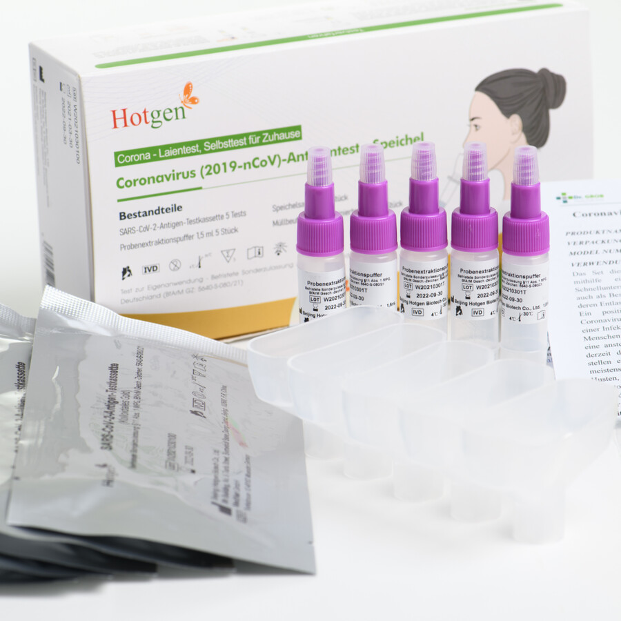 HOTGEN CORONA SELBSTTEST LAIEN TEST ANTIGEN SCHNELLTEST SPUCKTEST SPEICHELTEST COVID-19 SARS-CoV-2, 5er-Pack