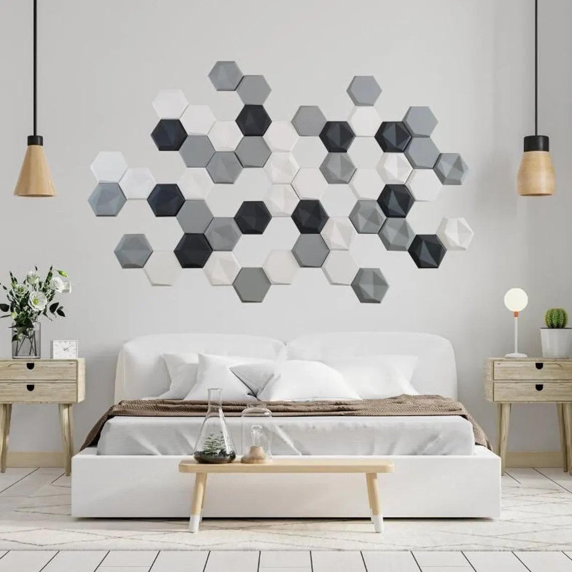 Schlafzimmer mit Hexagon-Wandpaneelen in Grau