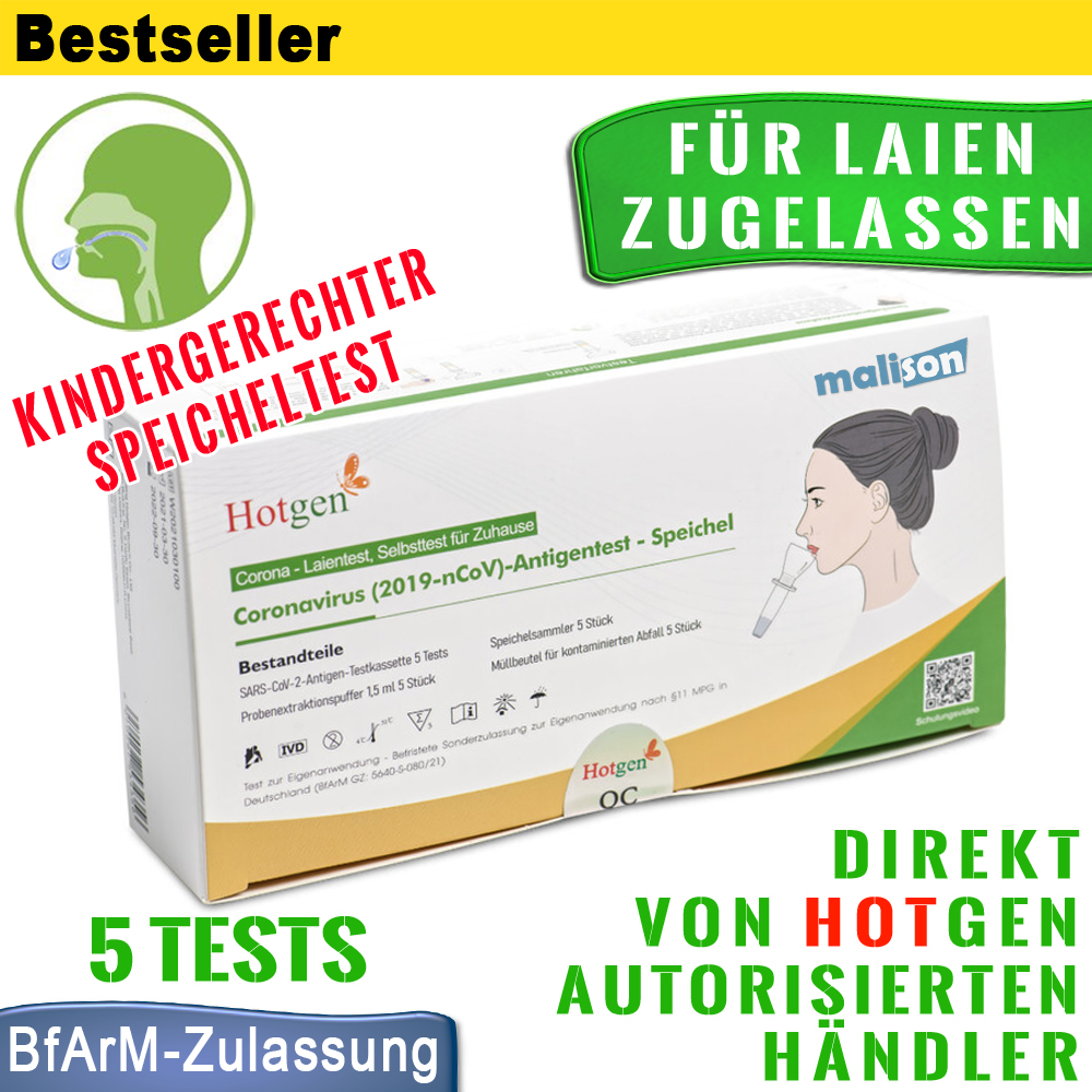 HOTGEN CORONA SELBSTTEST LAIEN TEST ANTIGEN SCHNELLTEST SPUCKTEST SPEICHELTEST COVID-19 SARS-CoV-2, 5er-Pack